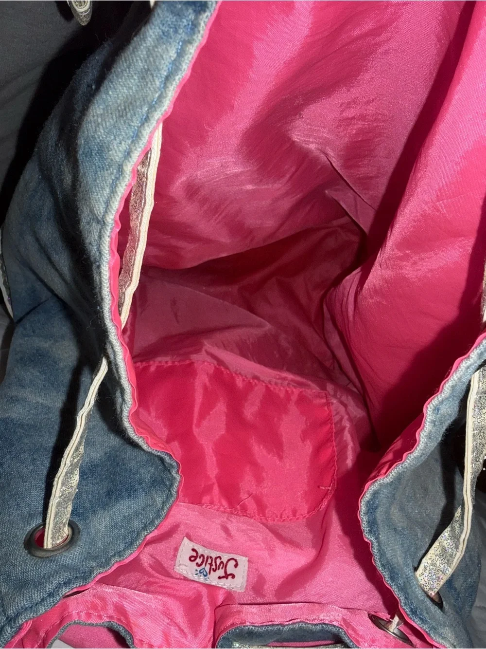 Justice Denim Blue Rhinestone Drawstring Backpack with Holographic Trim